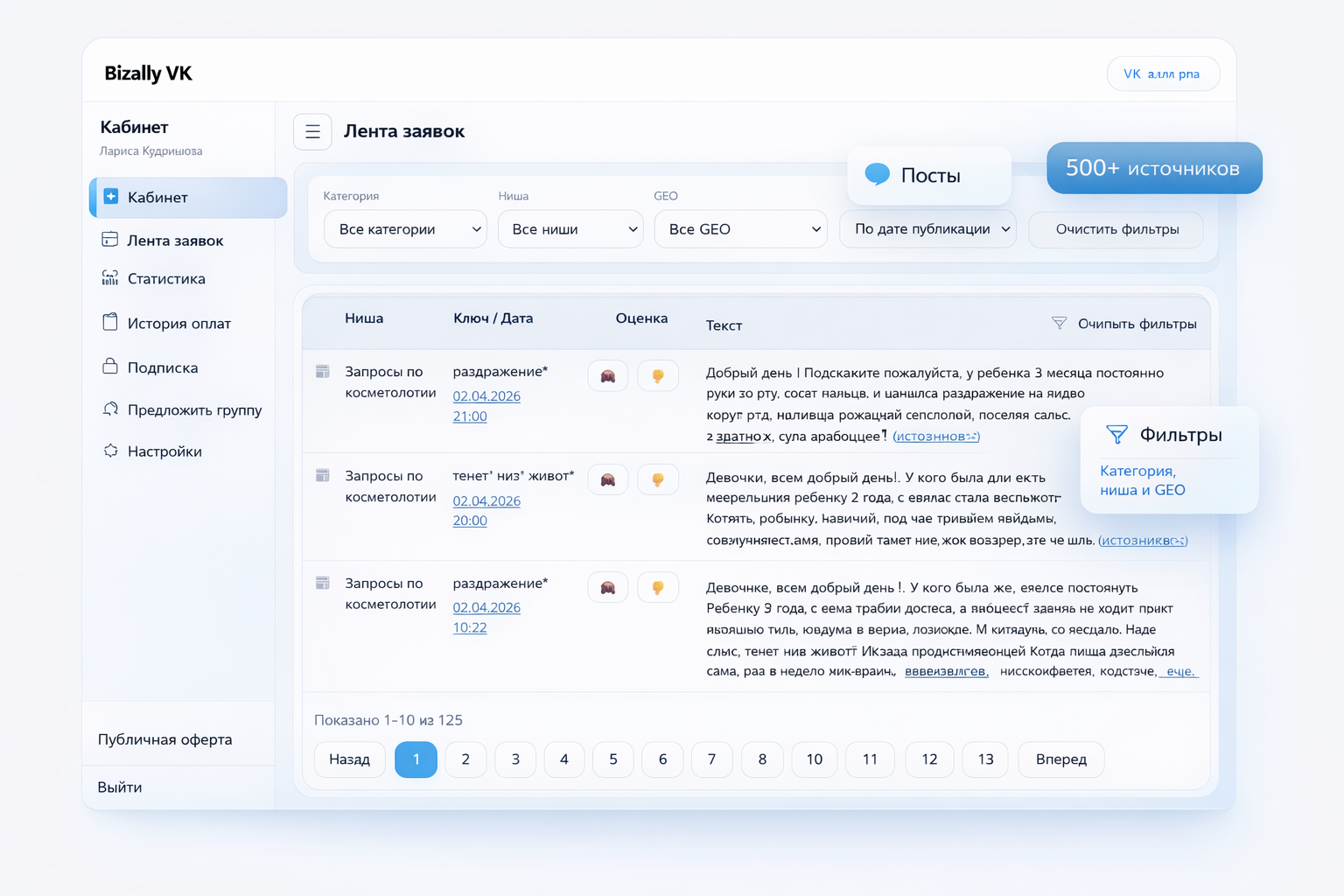 Интерфейс Bizally VK Parser с лентой заявок